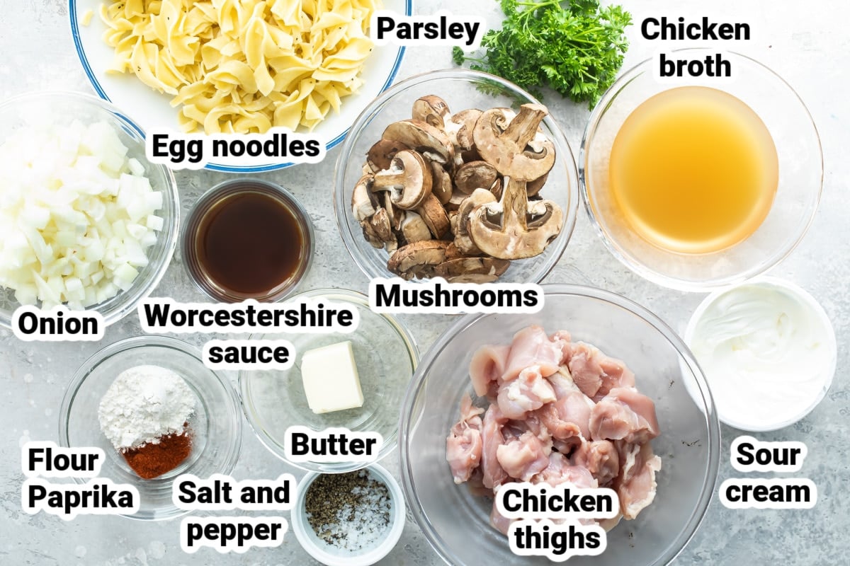 Labeled ingredients for chicken stroganoff.