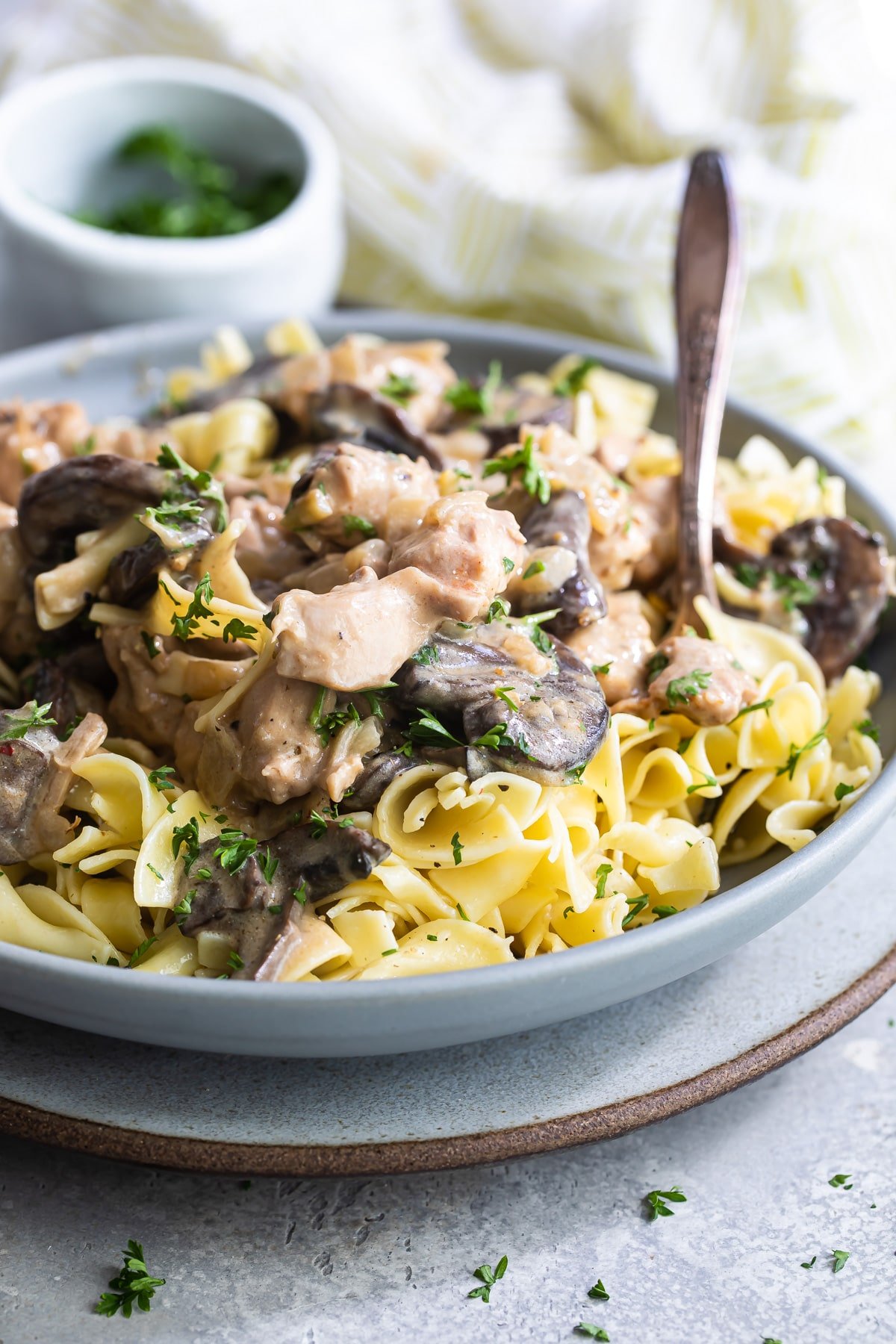 Chicken and mushroom stroganoff in a blue bowl.