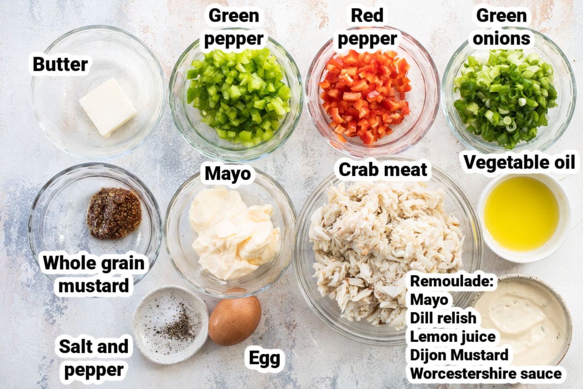Labeled ingredients for crab cakes with remoulade.