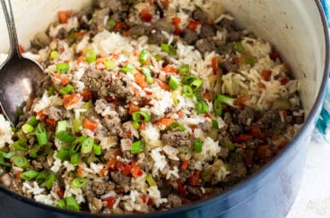 Dirty rice in a Dutch oven.