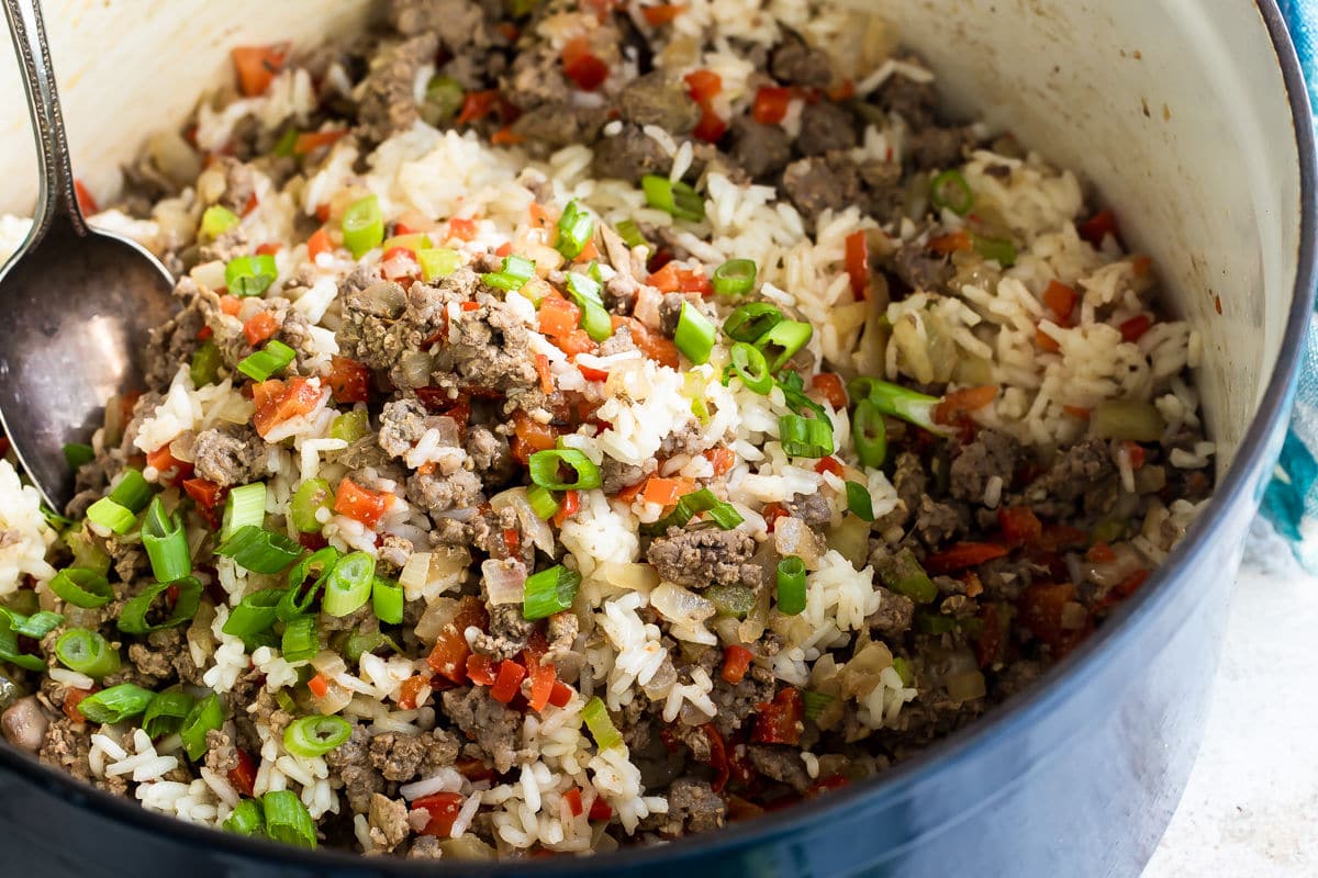 Dirty rice in a Dutch oven.