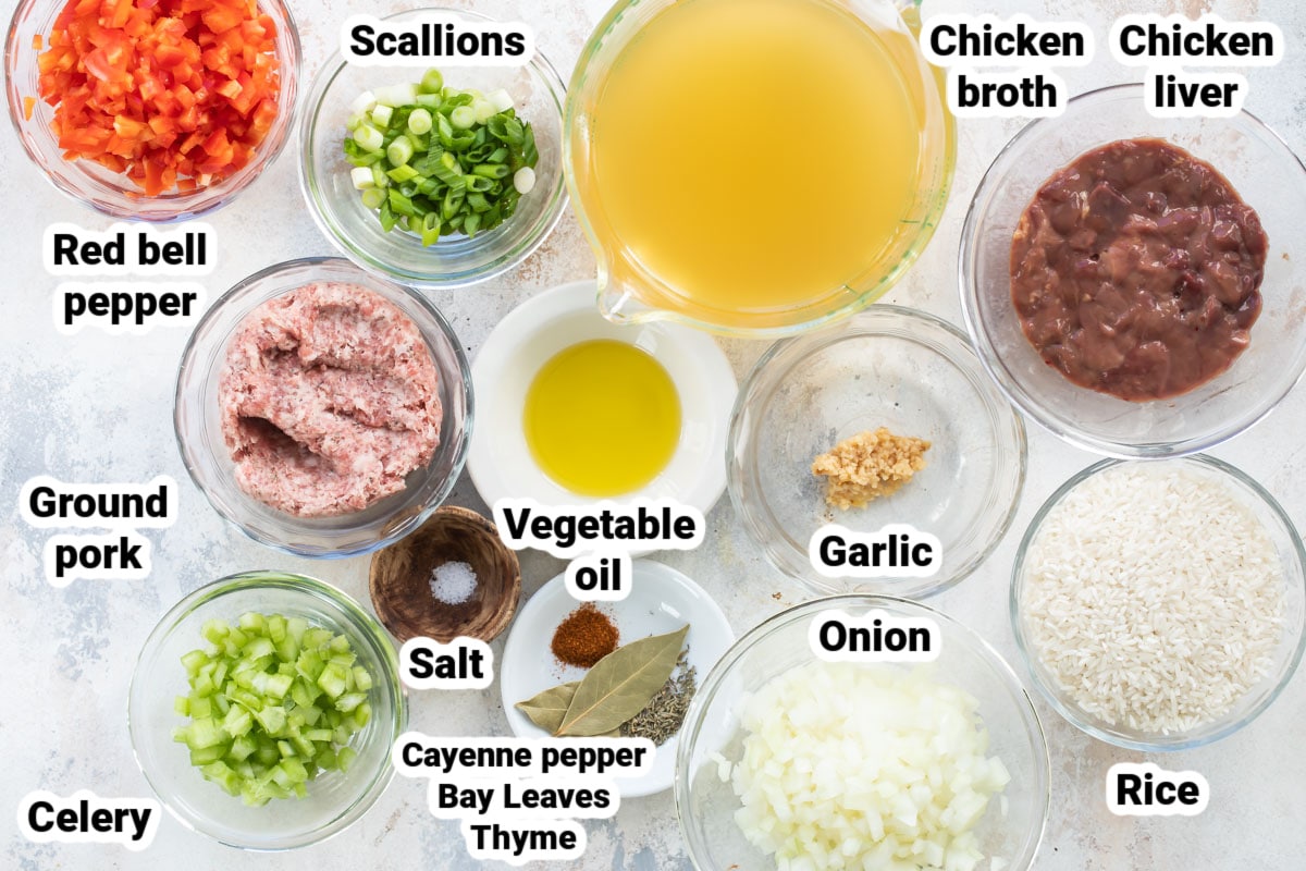 Labeled ingredients for dirty rice.