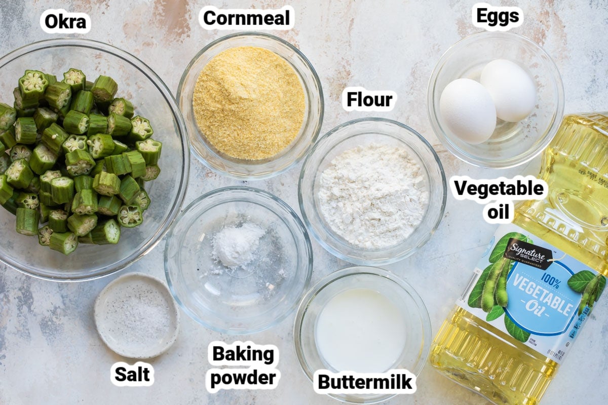 Labeled ingredients for fried okra.
