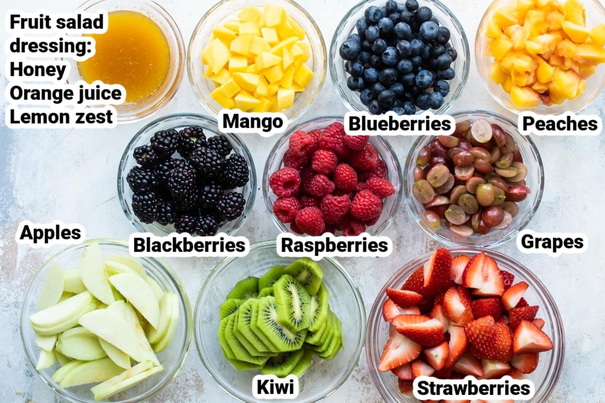 Labeled ingredients for fruit salad.