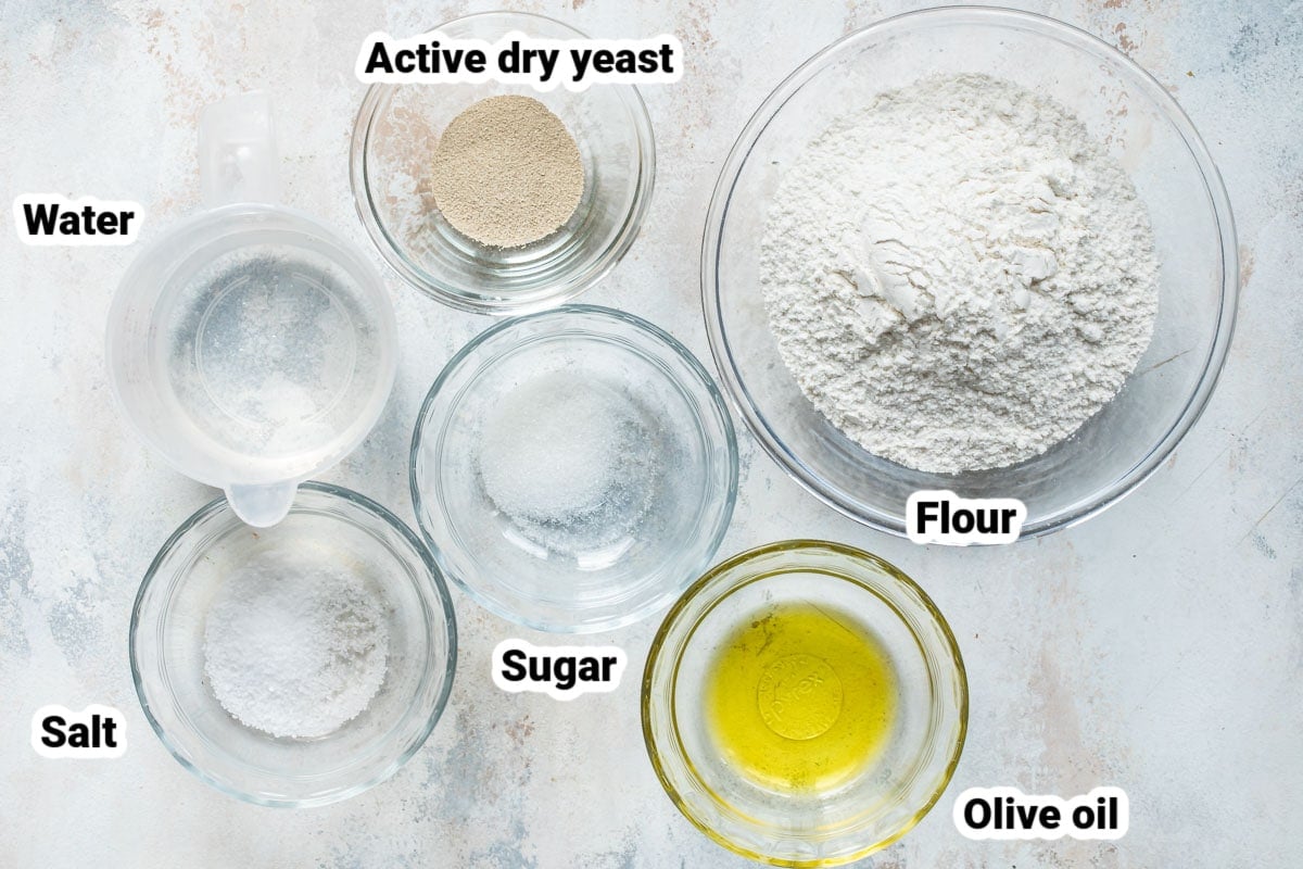 Labeled ingredients for homemade pita bread.