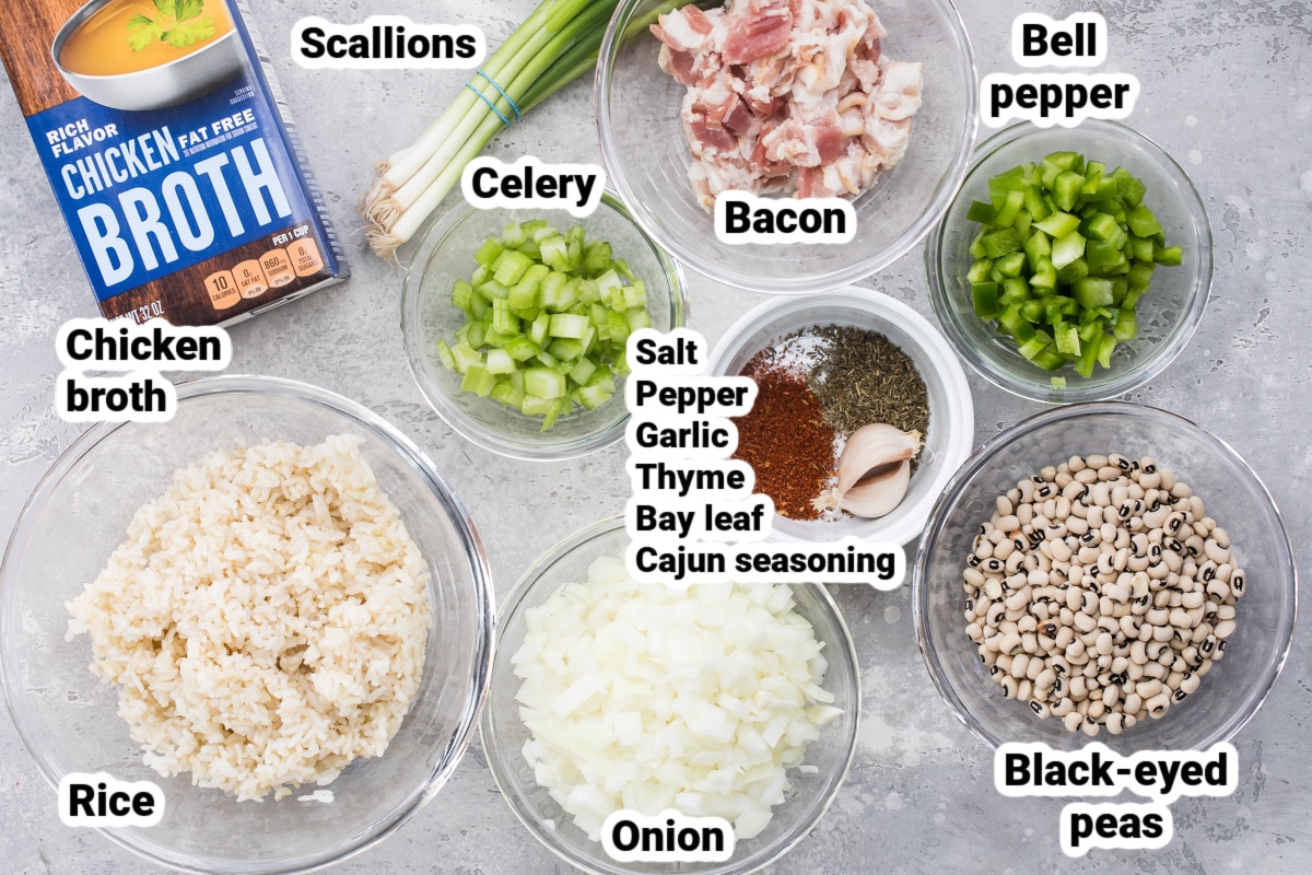 Labeled ingredients for hoppin' john.