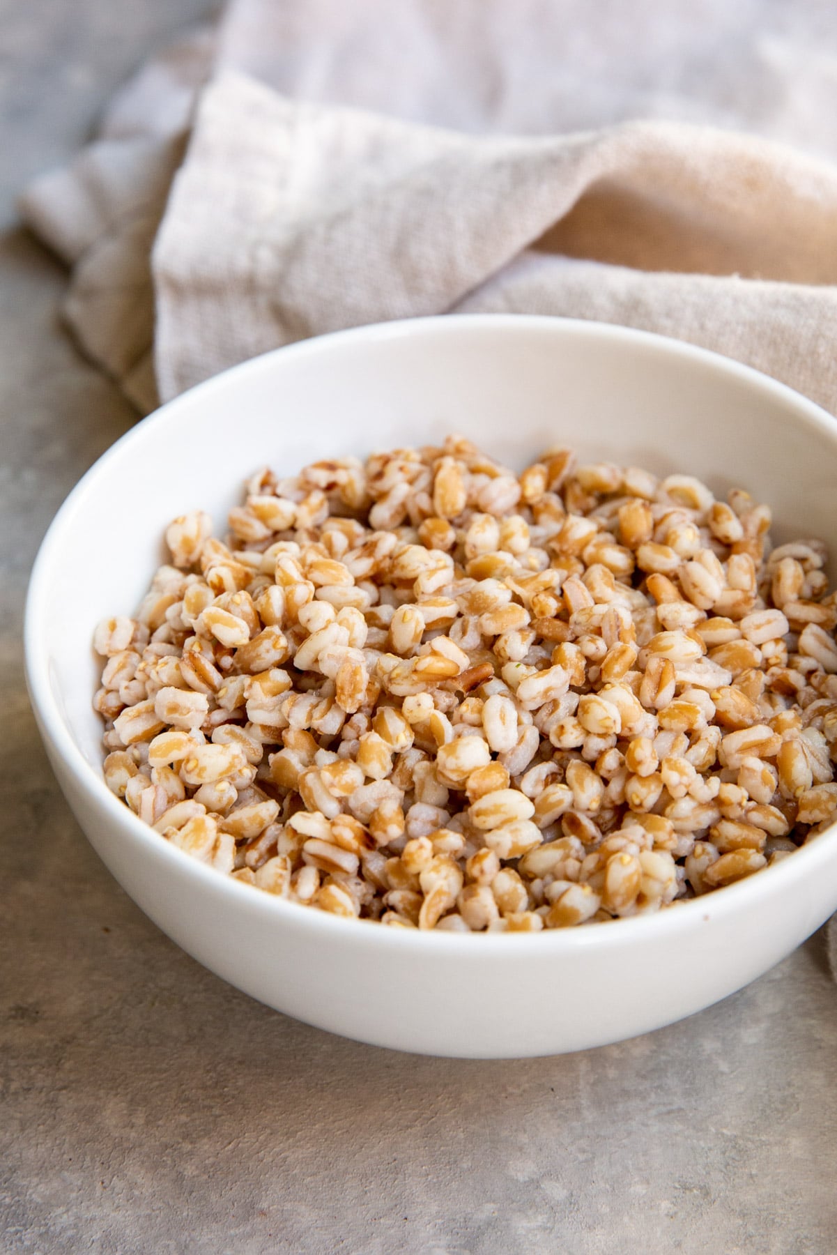 A white bowl with cooked farro in it.