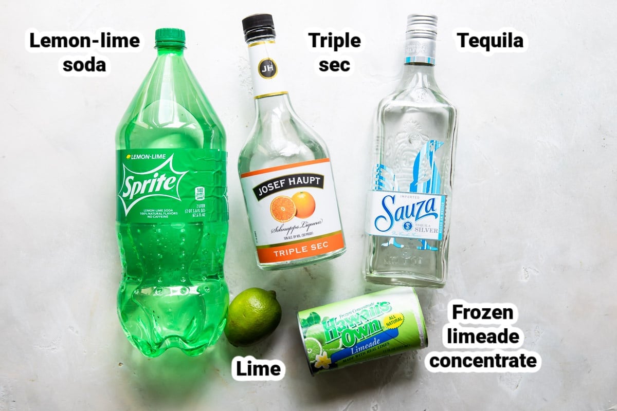 Labeled ingredients for margarita slush.