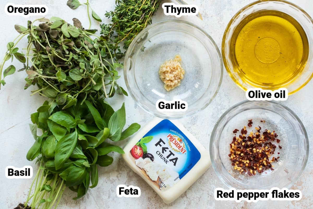 Labeled ingredients for marinated feta.