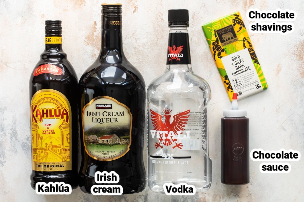 Labeled ingredients for mudslides.