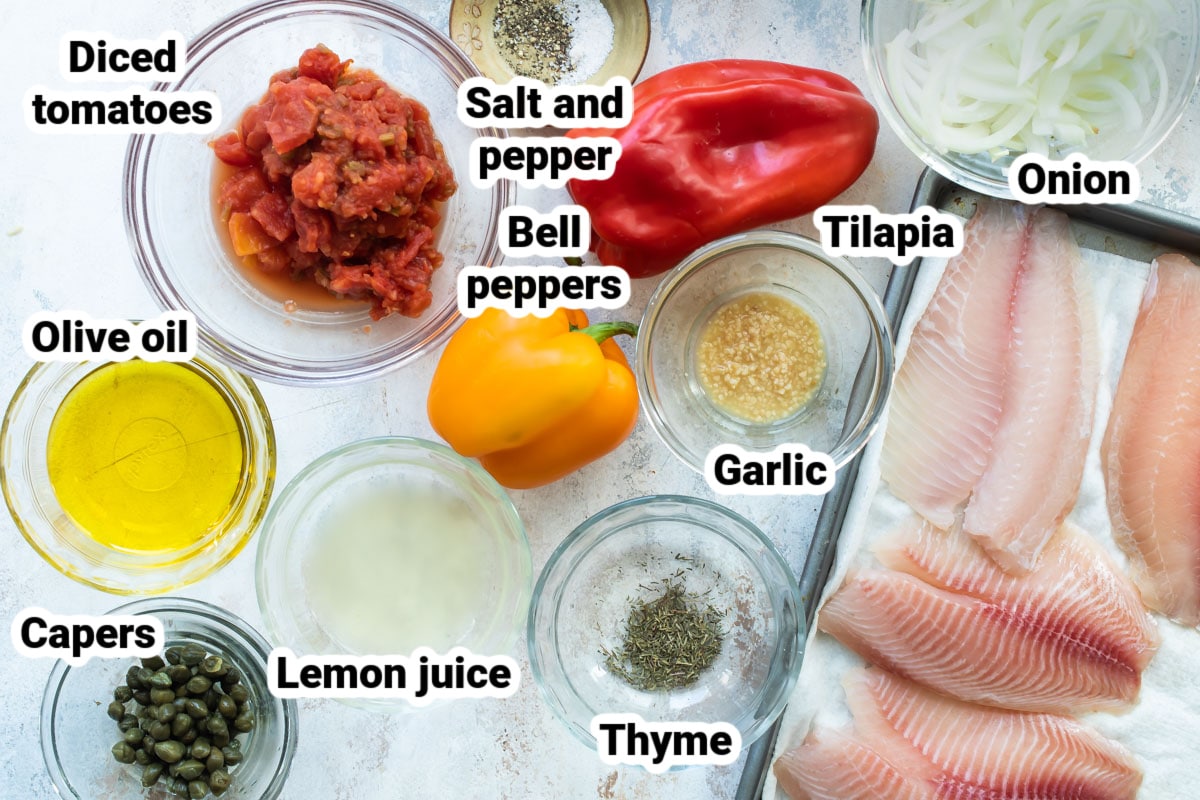 Labeled ingredients for pan-fried tilapia.