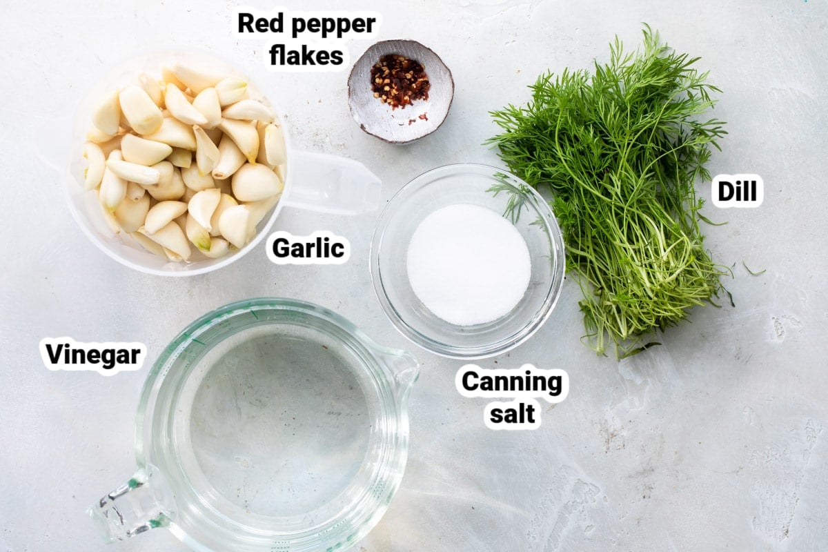 Labeled ingredients for pickled garlic.