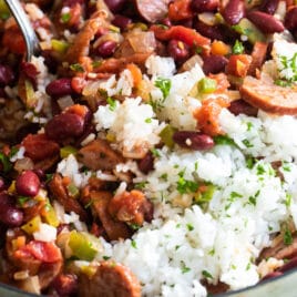 Red beans and rice in a skillet.