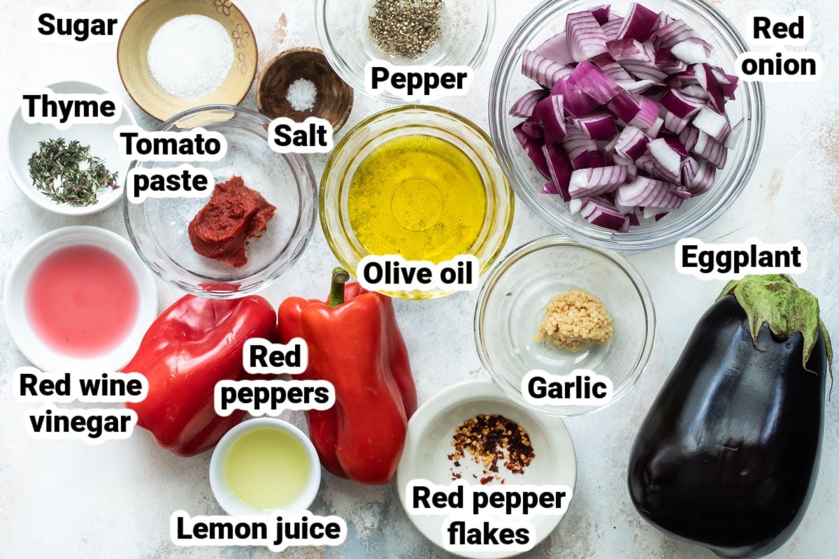 Labeled ingredients for roasted eggplant dip.