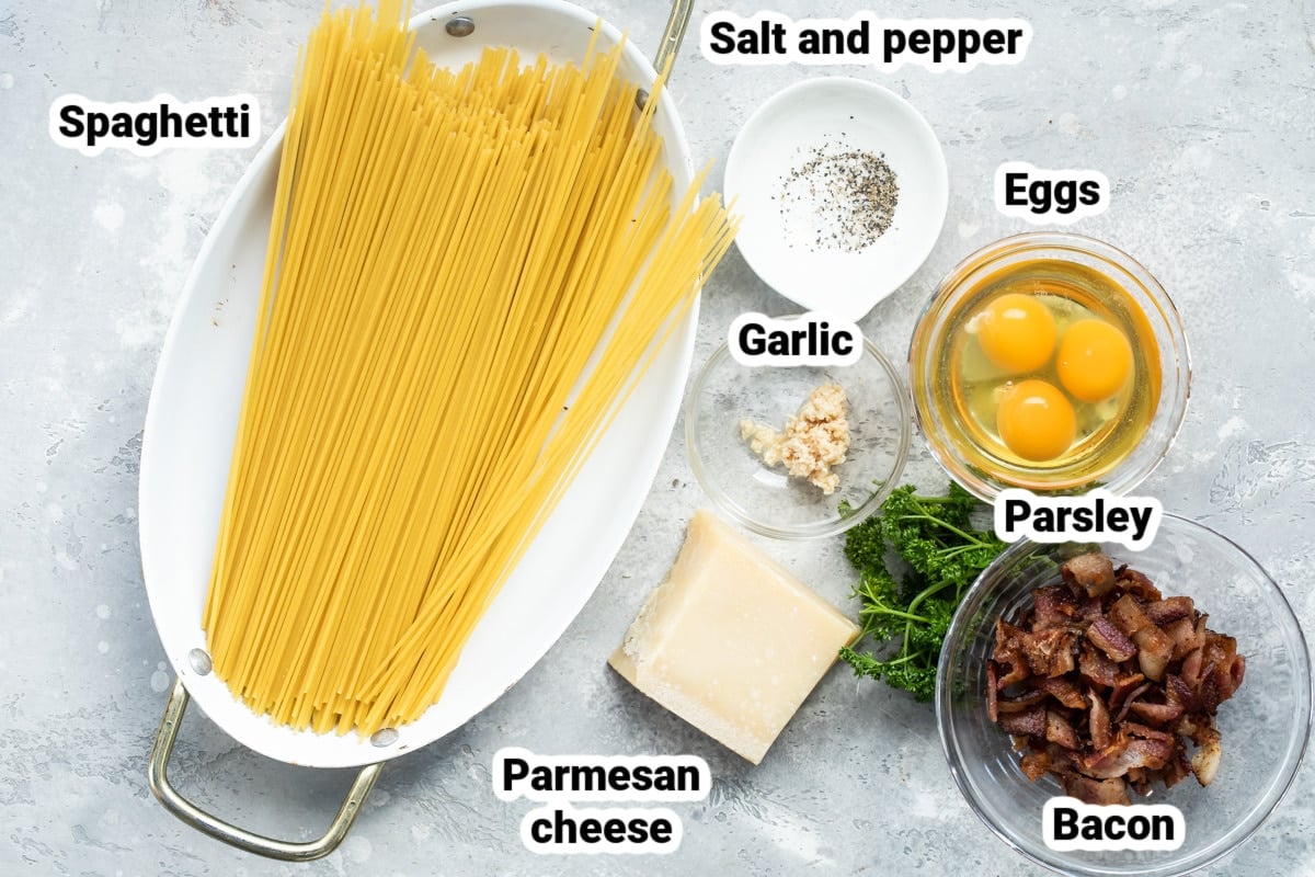 Labeled ingredients for spaghetti carbonara.