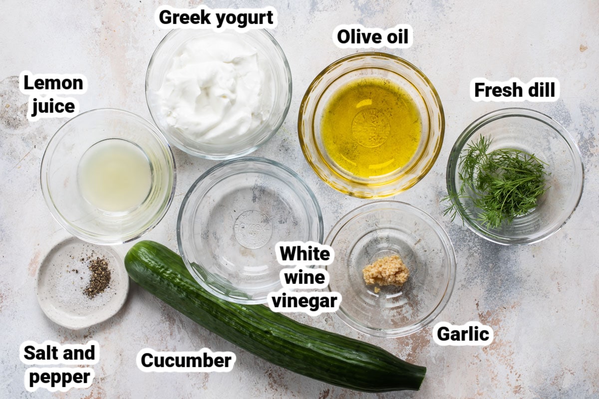 Labeled ingredients for Tzatziki Sauce.