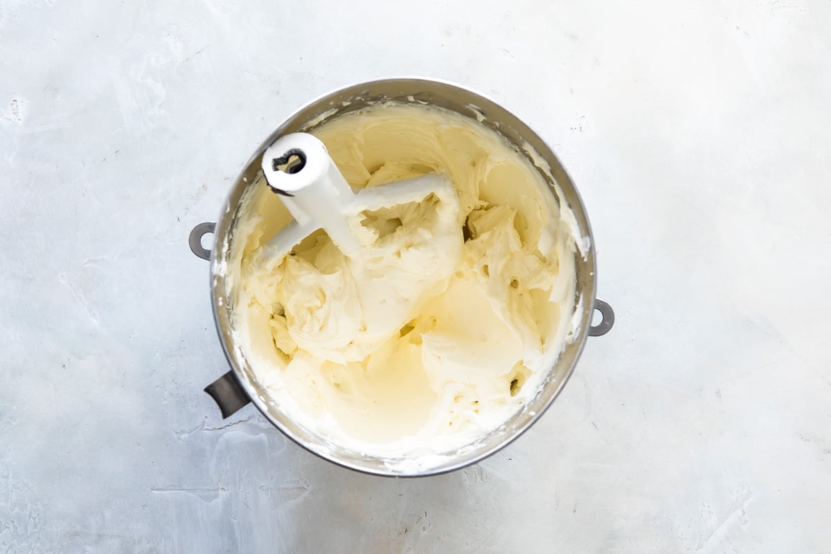 Cheesecake filling in a mixing bowl.