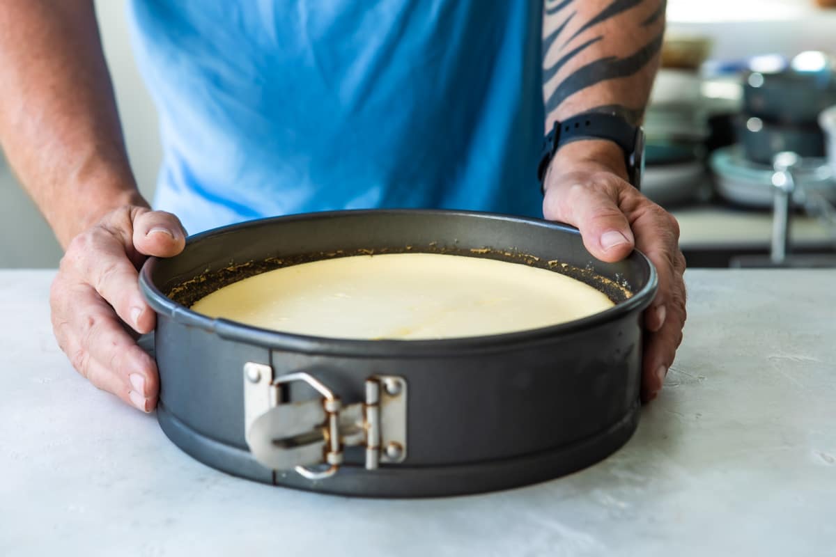 Vanilla cheesecake in a springform pan.