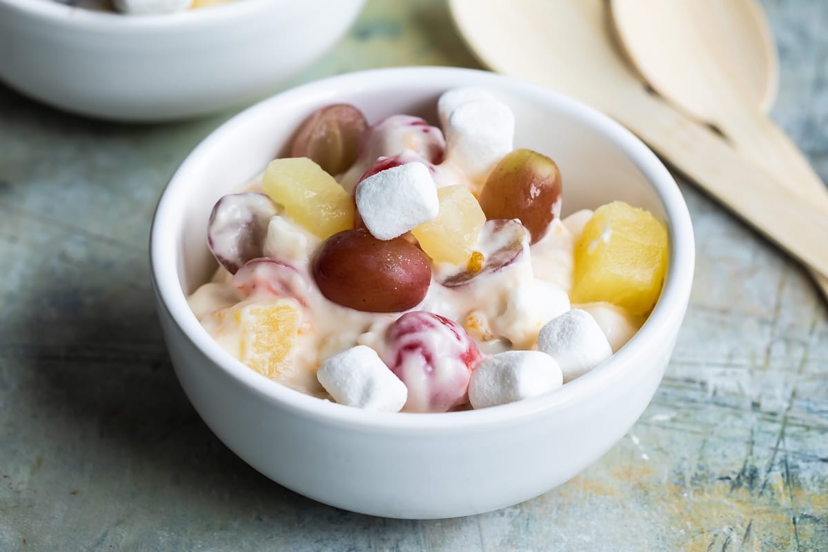 A small bowl of 24 hour fruit salad.