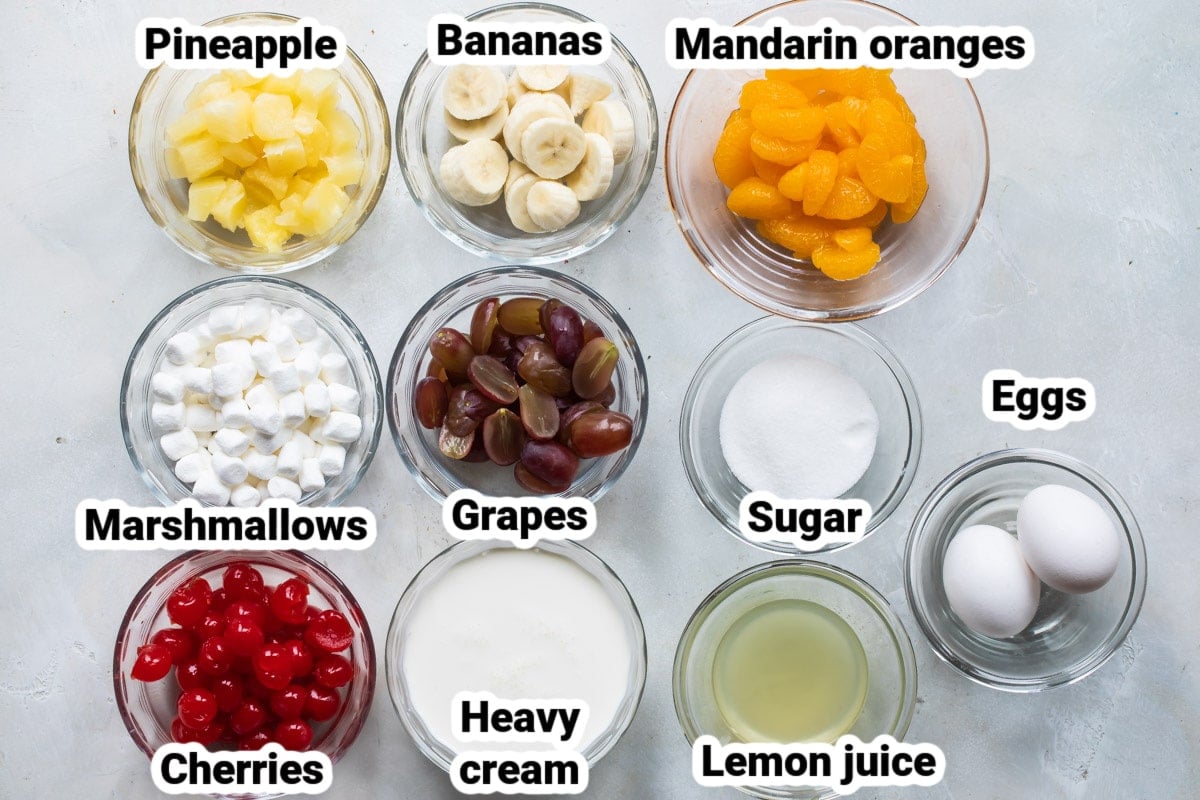 Labeled ingredients for 24 hour fruit salad.