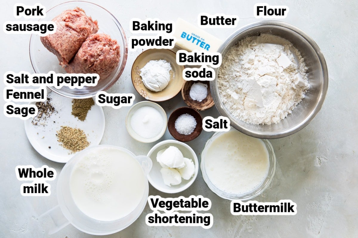 Labeled ingredients for biscuits and gravy.