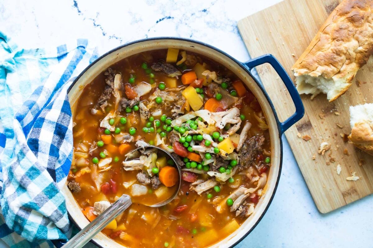 Booyah stew in a Dutch oven.