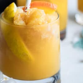 A glass filled with brandy slush.