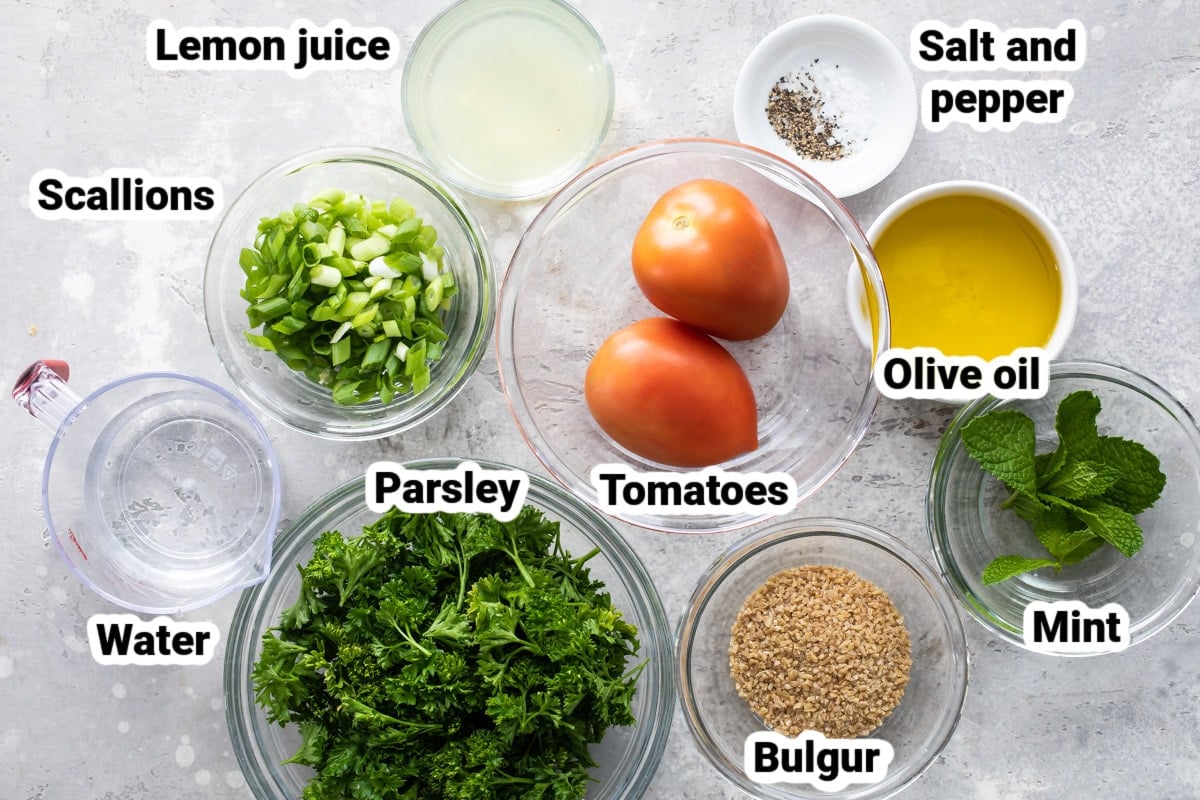 Labeled ingredients for blugur tabbouleh.