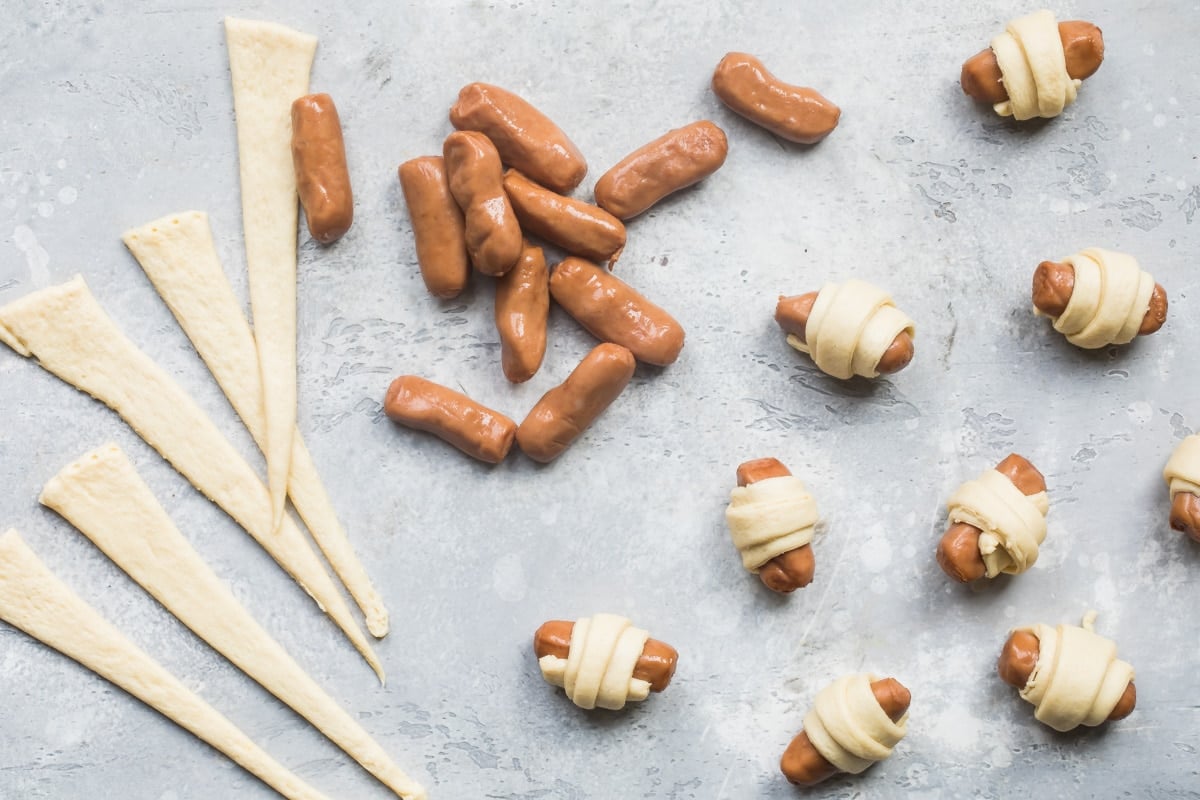 Cocktail wieners and crescent dough.