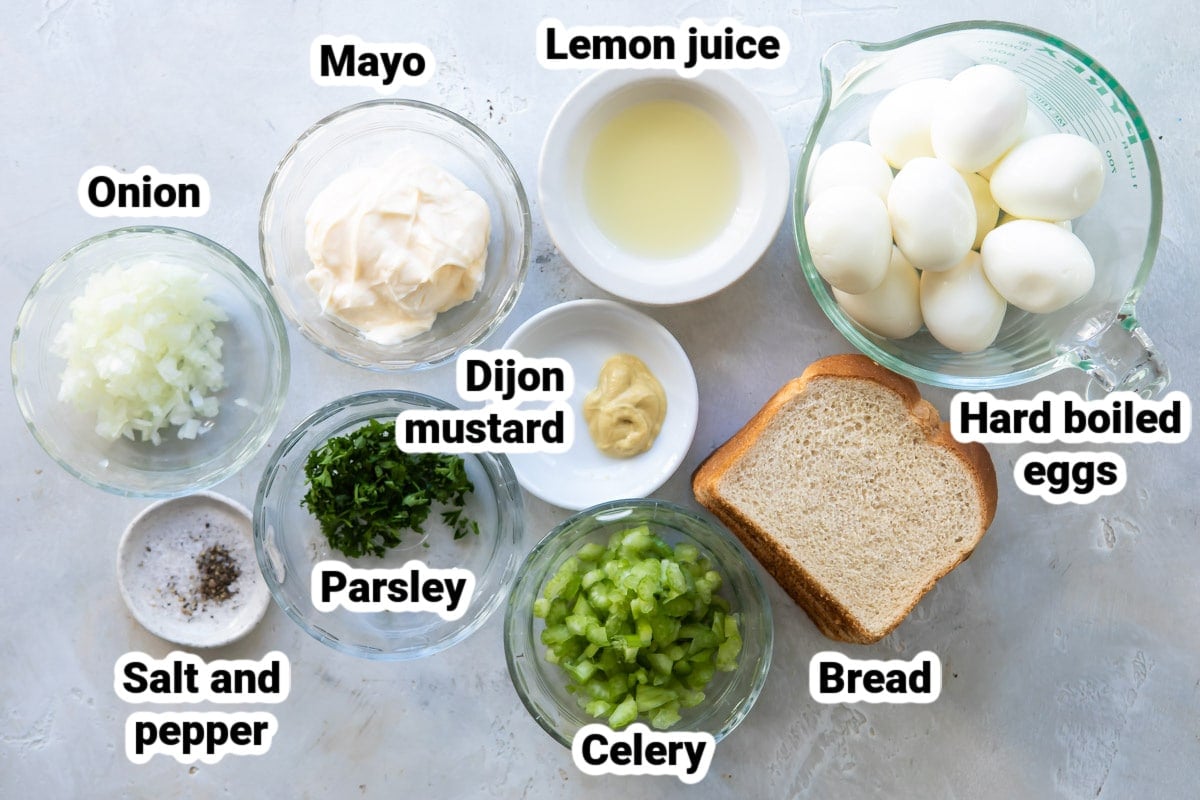 Labeled ingredients for egg salad.