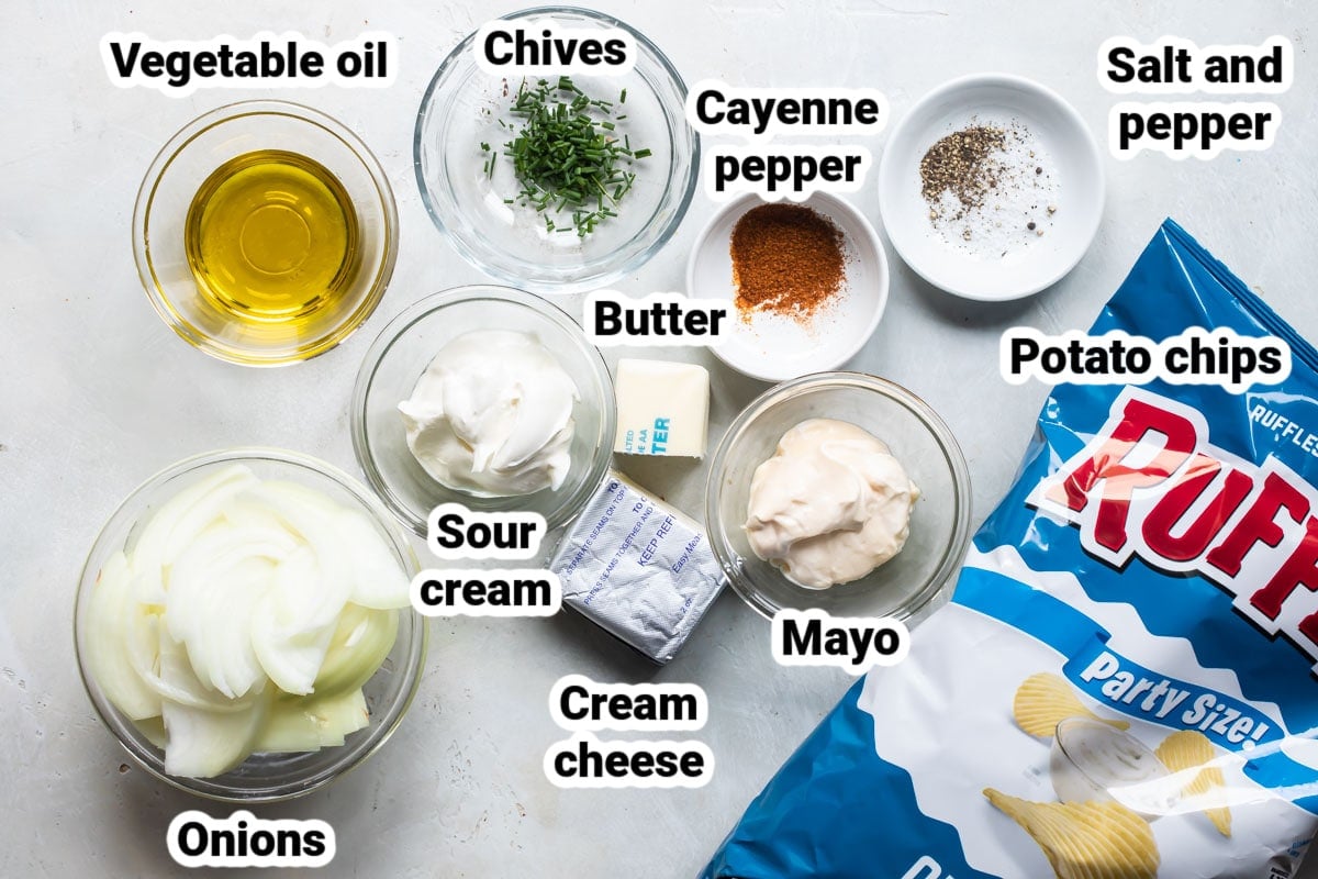 Labeled ingredients for French onion dip.