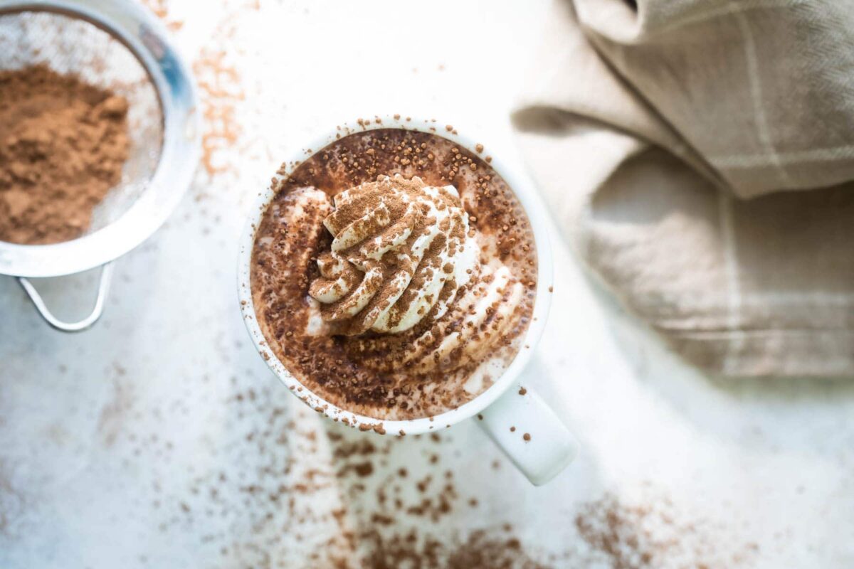 Hot chocolate topped with whipped cream.