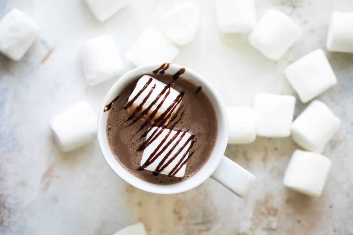 Hot chocolate with two marshmallows in it.