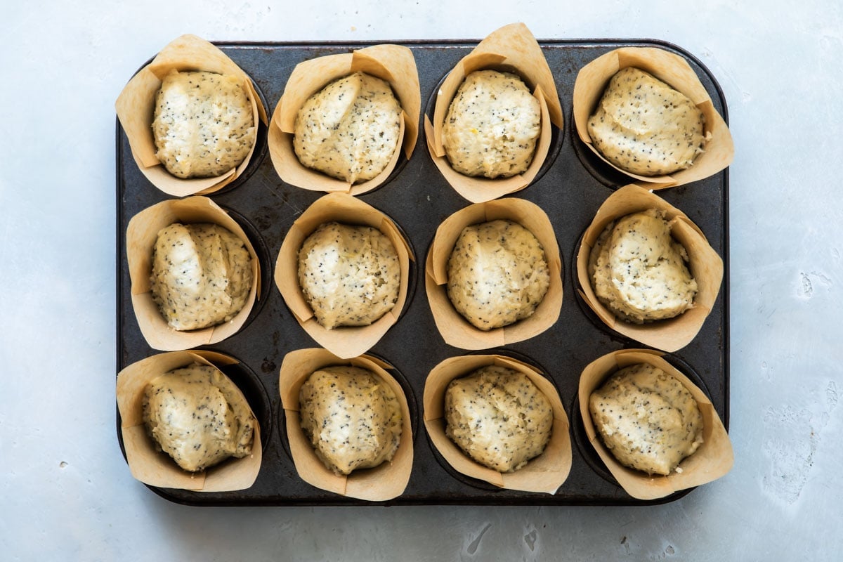 Unbaked lemon poppy seed muffins.