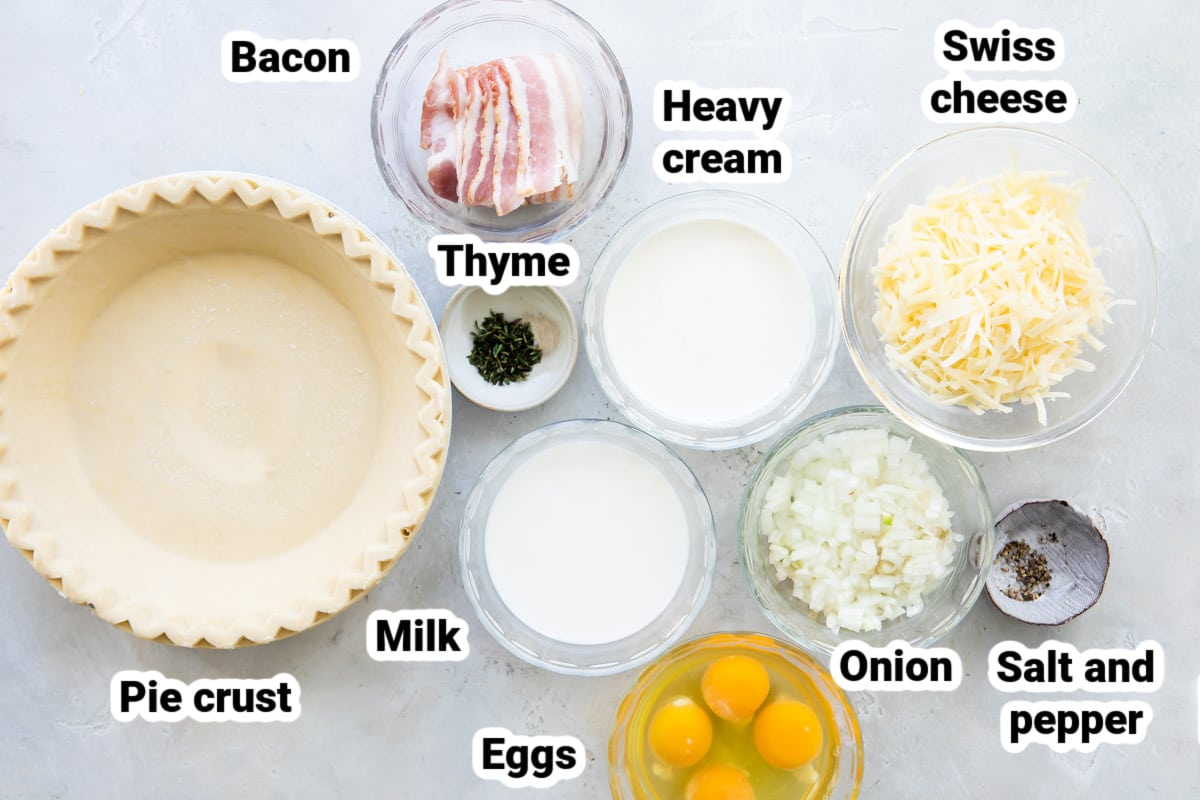 Labeled ingredients for quiche Lorraine.