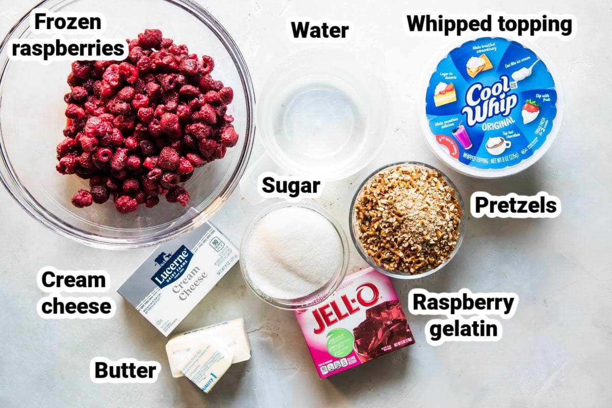 Labeled ingredients for raspberry pretzel salad.