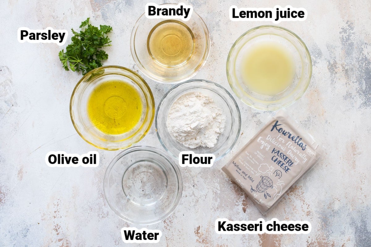 Labeled ingredients for saganaki.