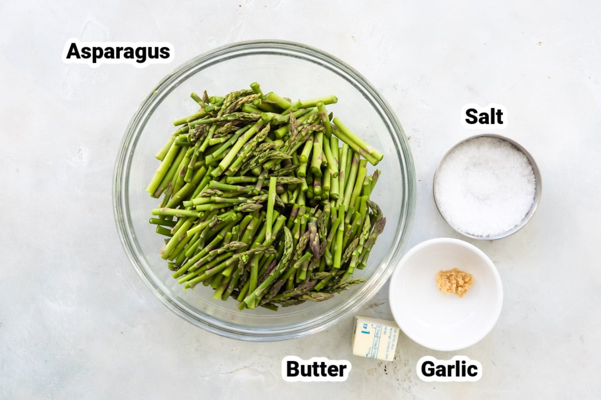 Labeled ingredients for sautéed asparagus.