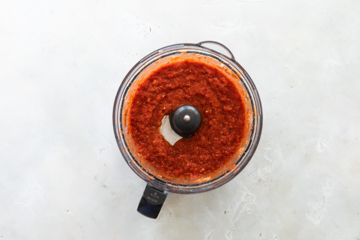 Shakshouka mixture in a food processor.