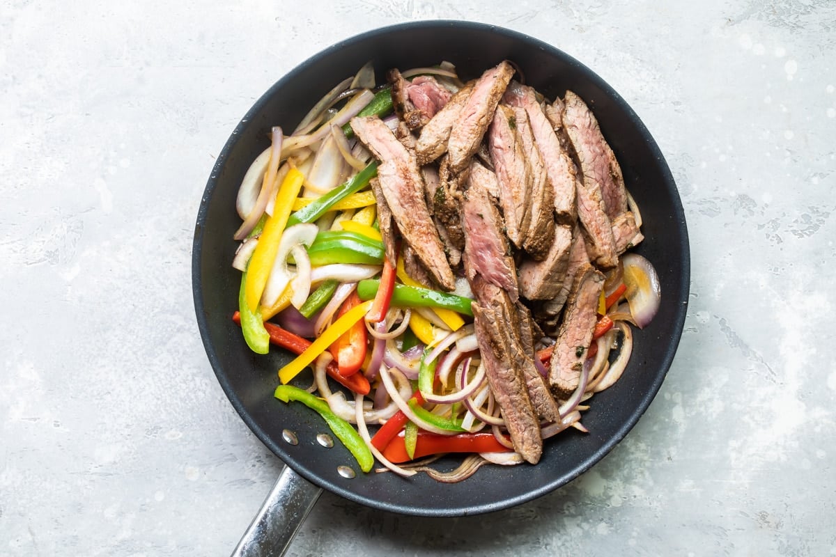 Steak and veggies in a black skillet.