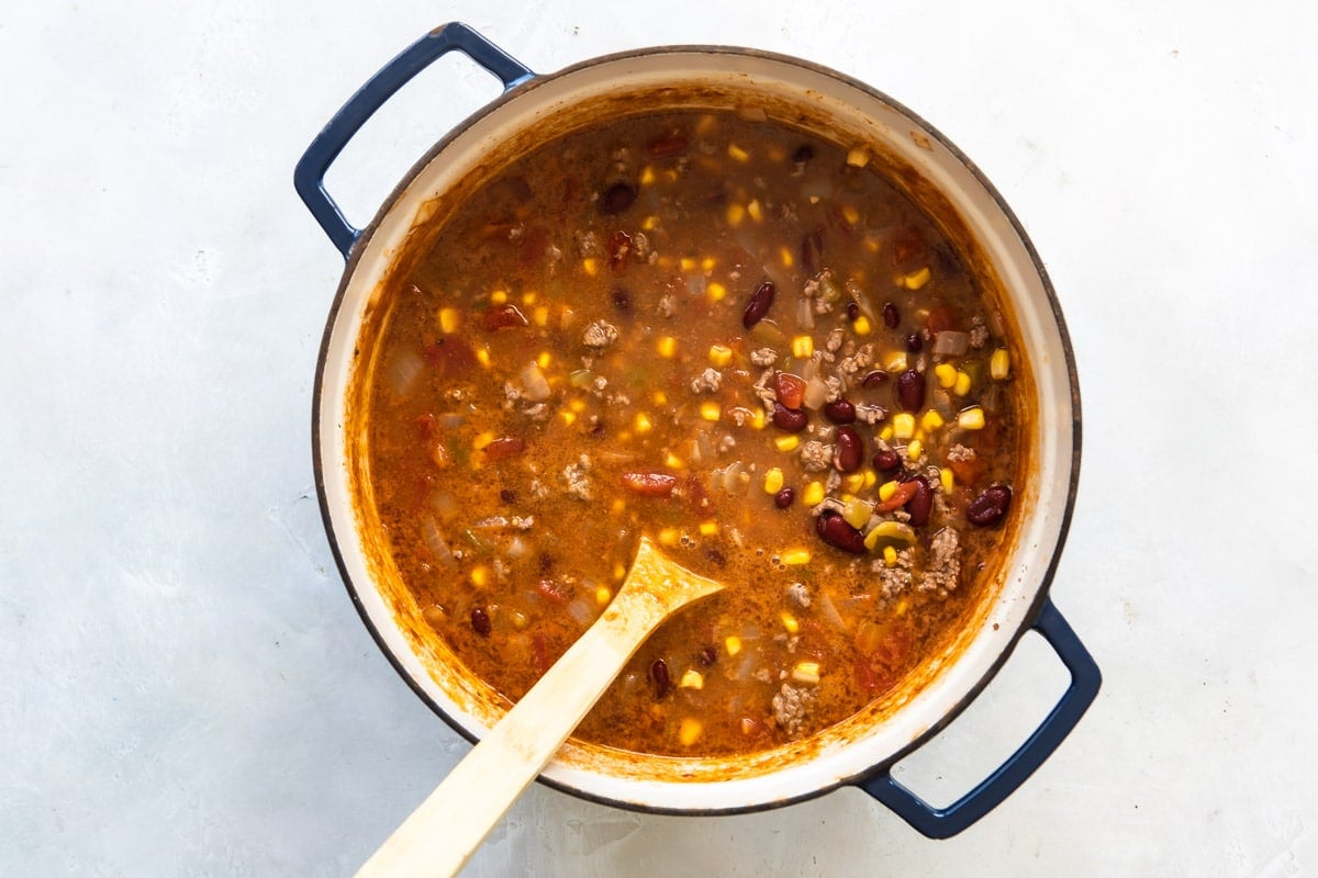 Taco soup in a Dutch oven.