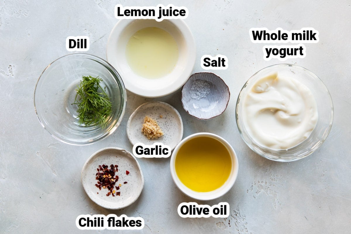 Labeled ingredients for yogurt sauce.