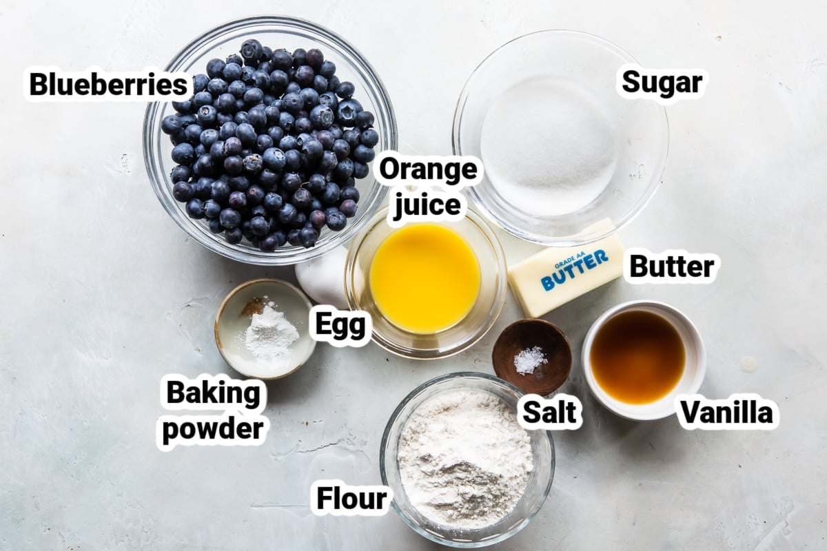Ingredients labeled for blueberry cobbler.