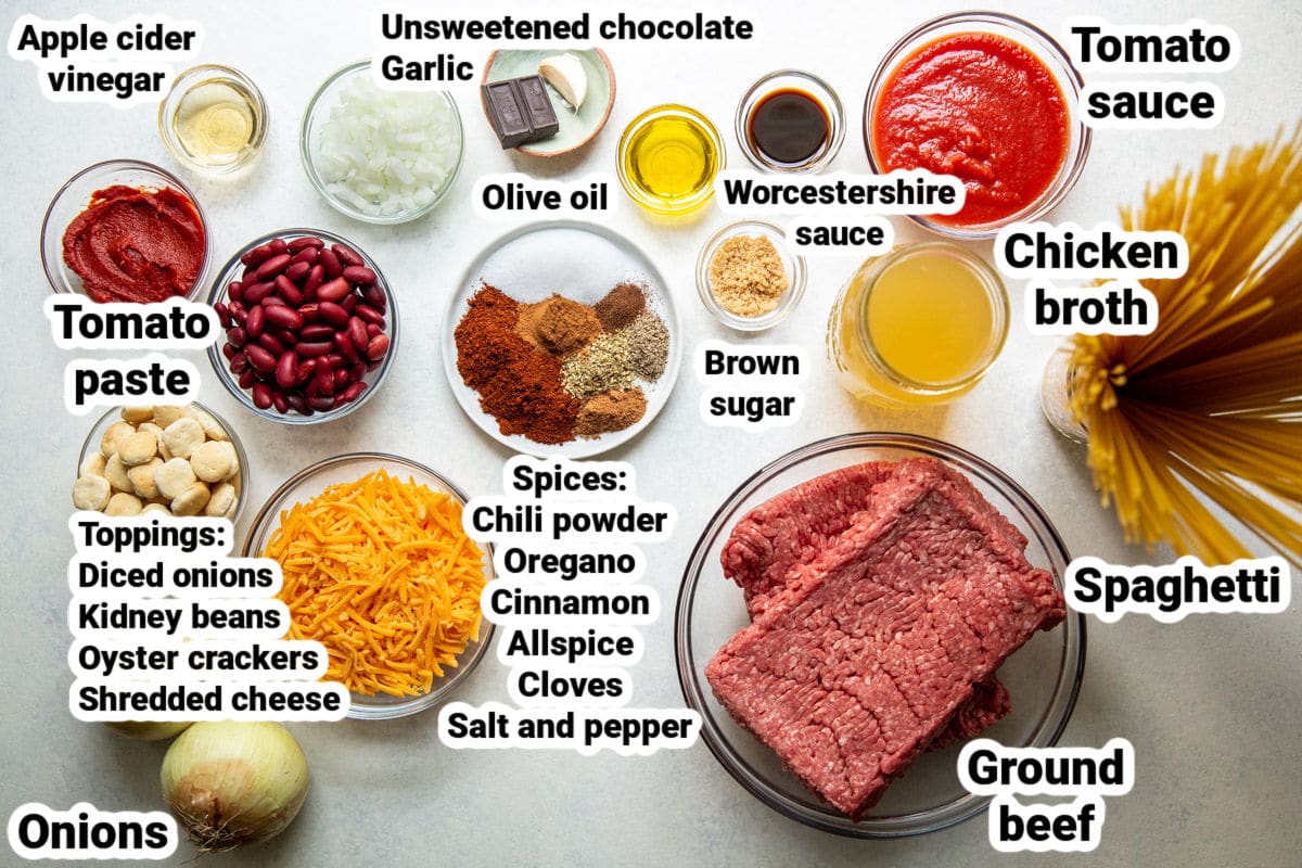 Labeled ingredients for Cincinnati Chili.