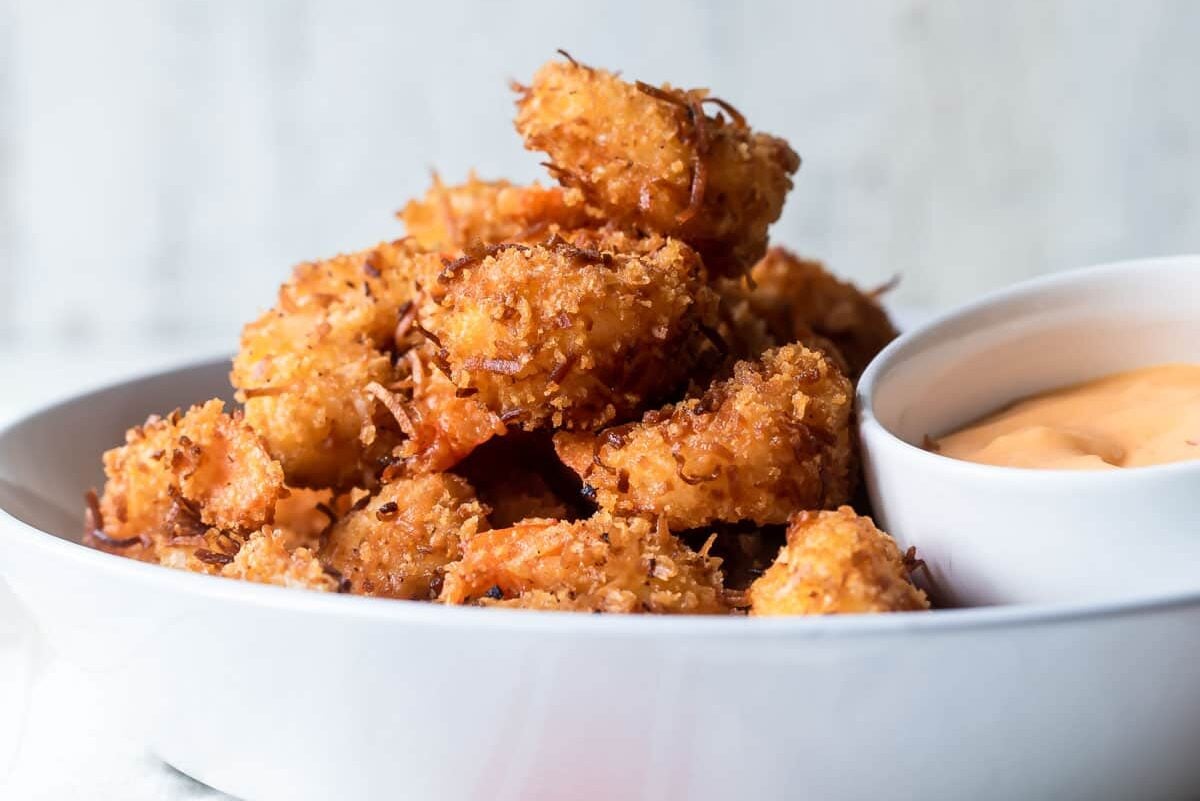 Coconut shrimp in a bowl.