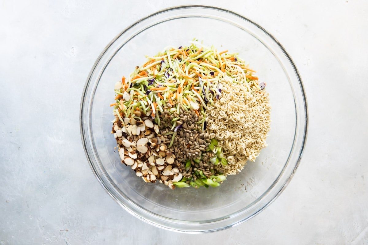 A bowl of Crunchy Broccoli Slaw.