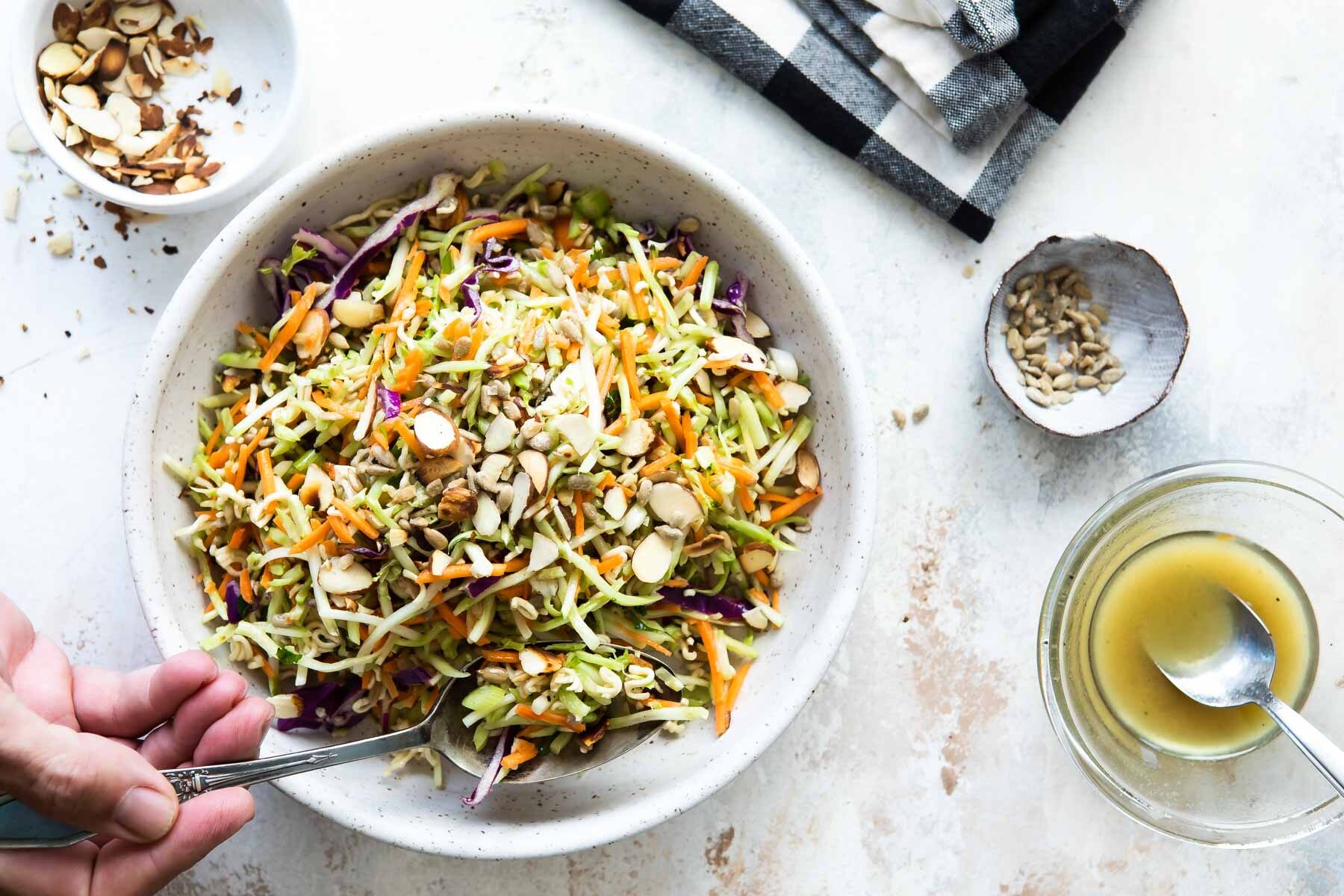 A bowl of Crunchy Broccoli Slaw.