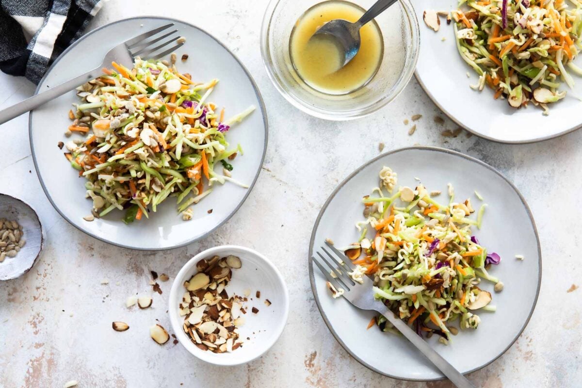 Plates of Crunchy Broccoli Slaw.
