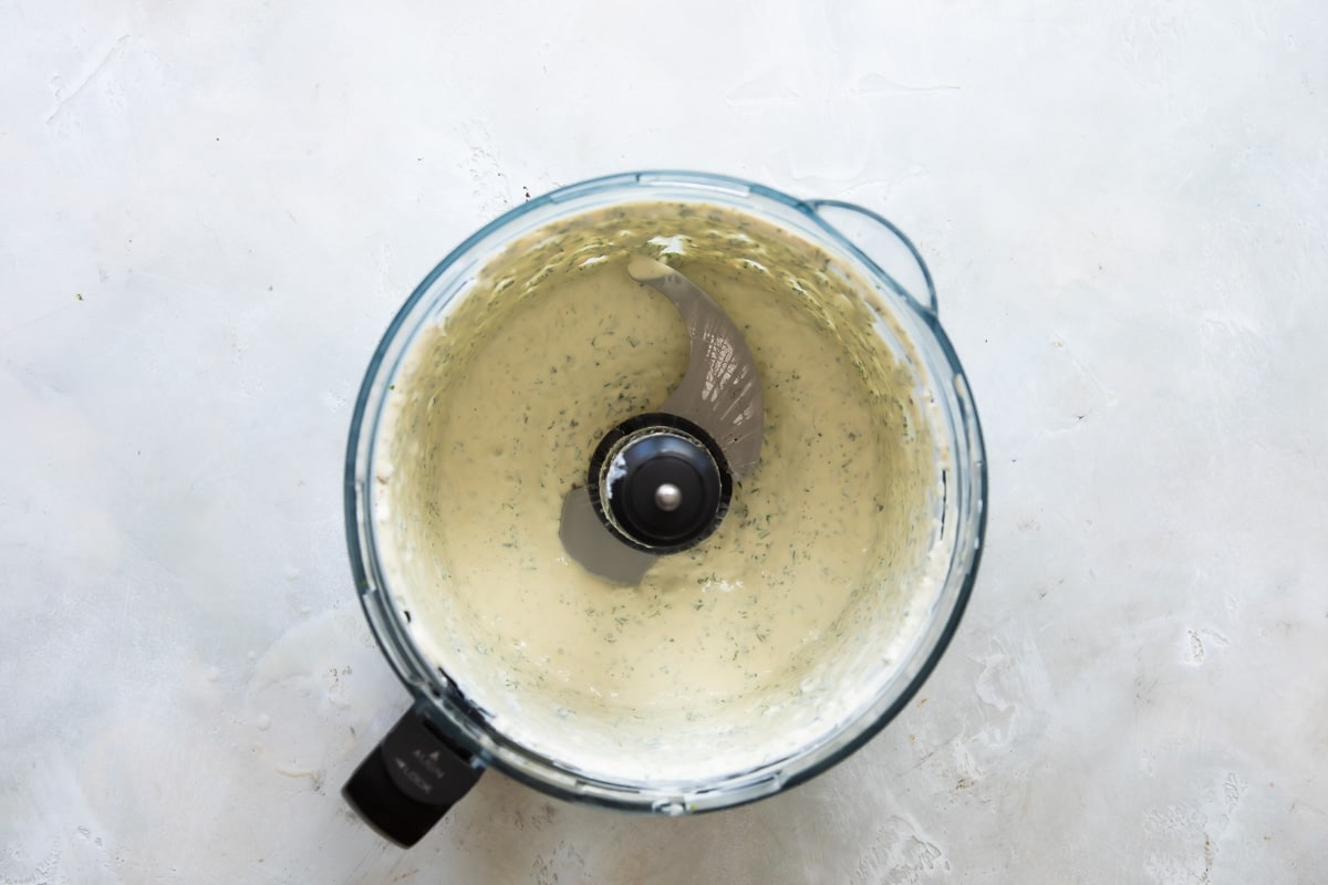 Green Goddess dressing in a food processor.
