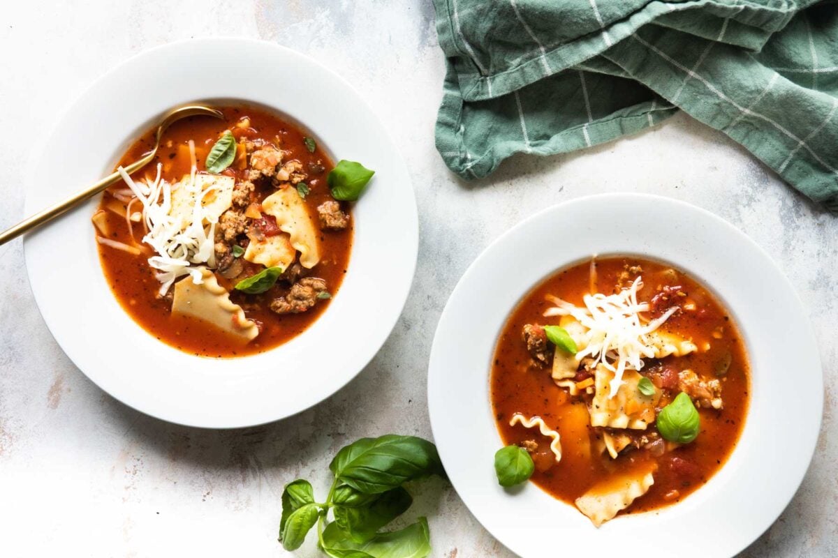 Two bowls of lasagna soup.